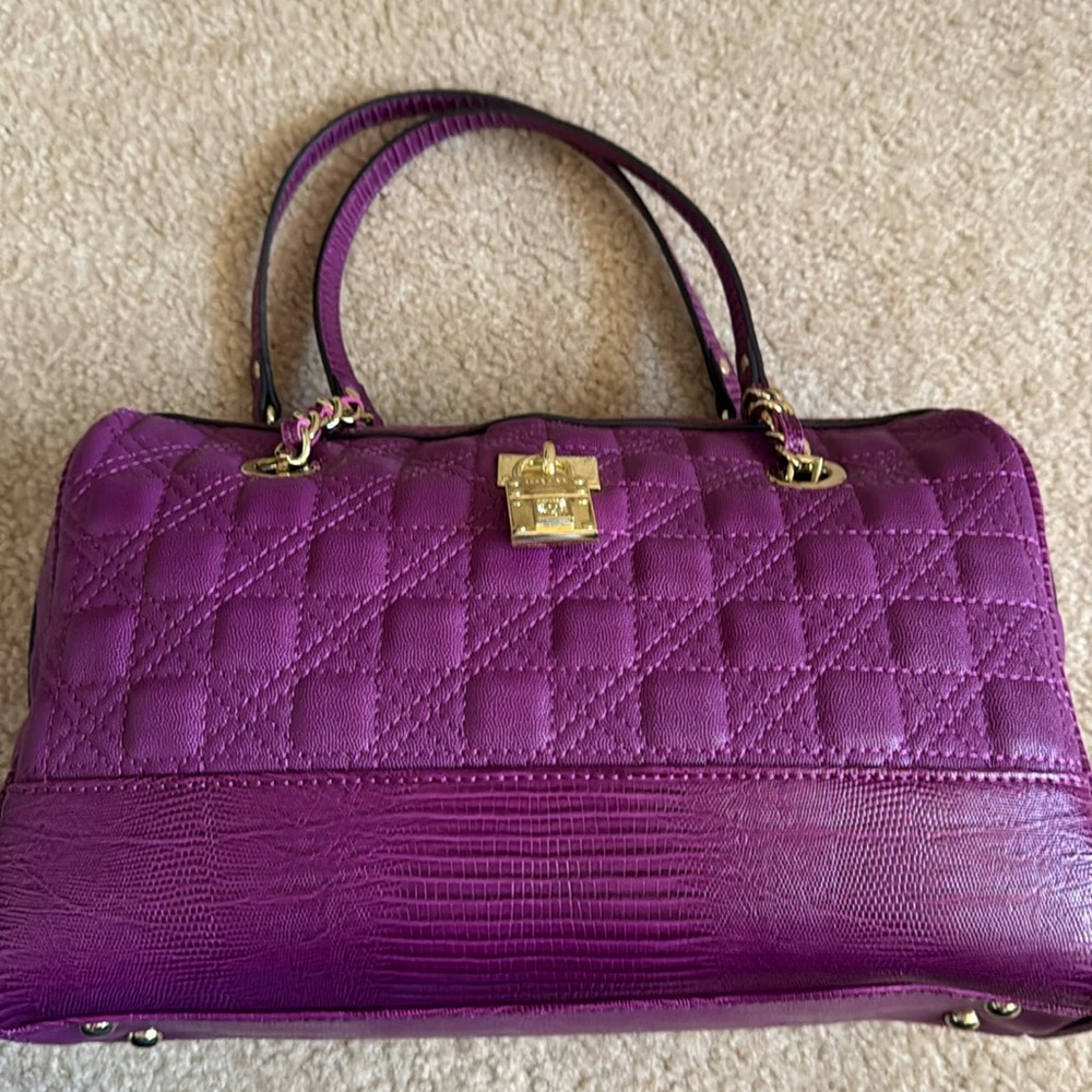 Anne Klein Quilted Purple Top-Handle Satchel with Gold Hardware